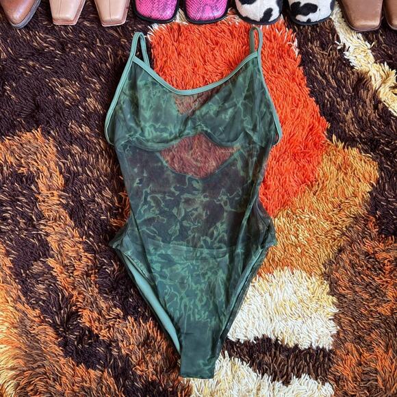 Vintage deadstock overlay mesh green one piece - Picture 4 of 7
